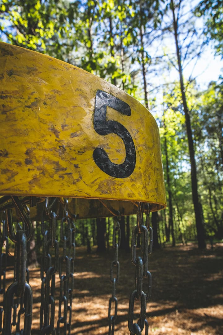 Close-up of a yellow disc golf basket numbered five in a sunlit forest setting.